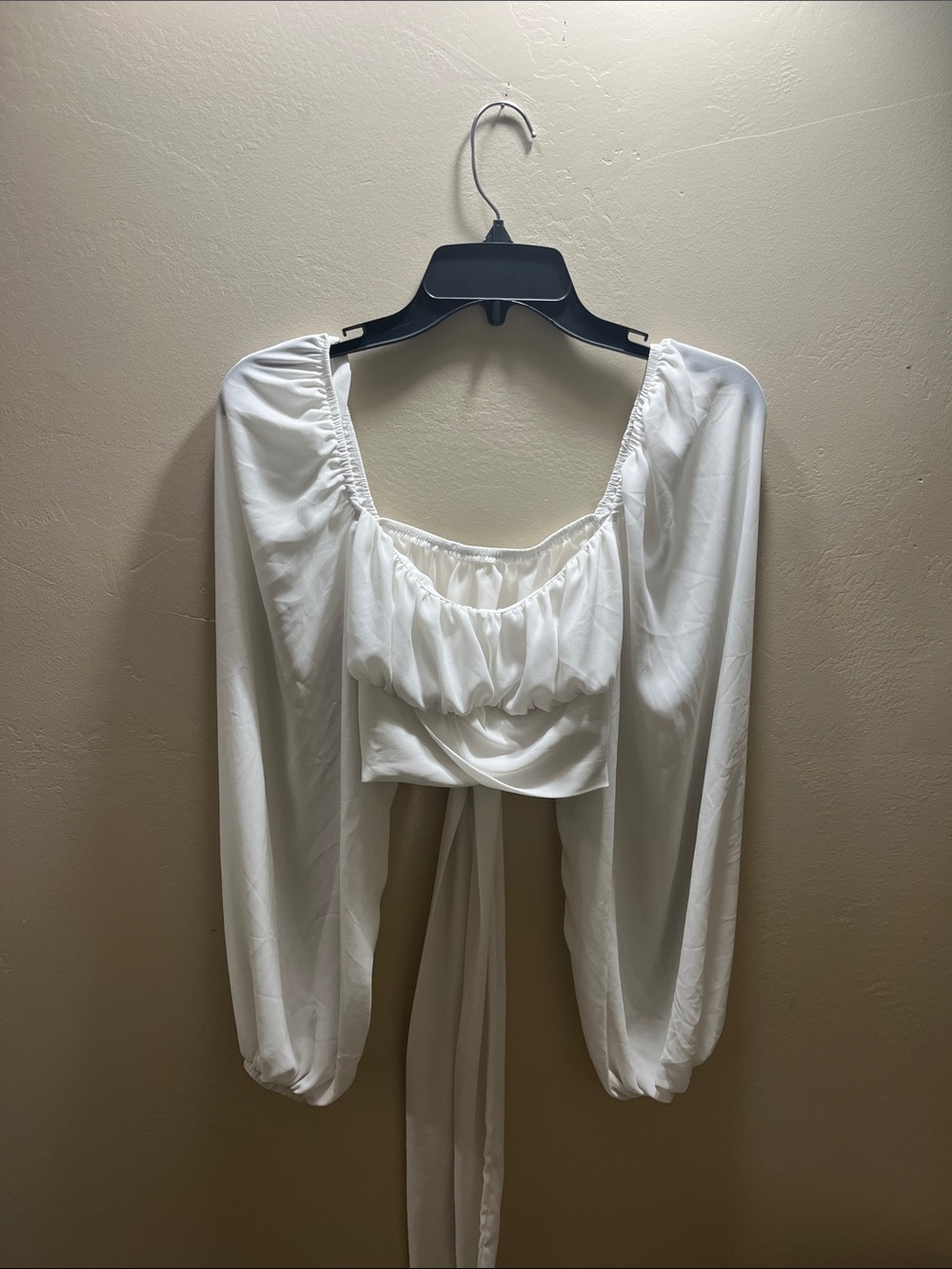 SHEIN White Billowy Long Sleeve Tie-Back Crop Top